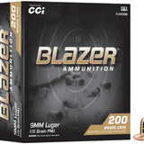 CCI Blazer Brass - 9mm - 115 Gr FMJ - 200 Rnd/Bx